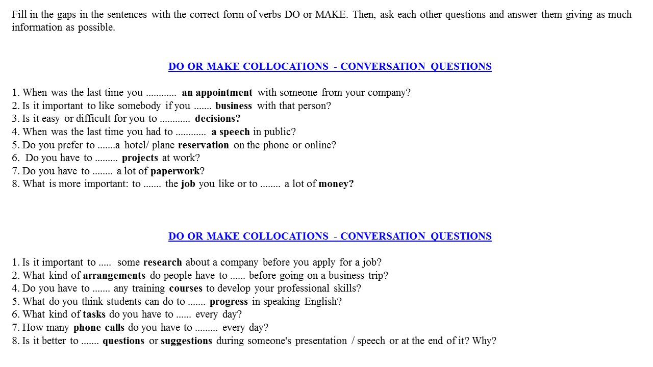 DO OR MAKE COLLOCATIONS - CONVERSATION QUESTIONS