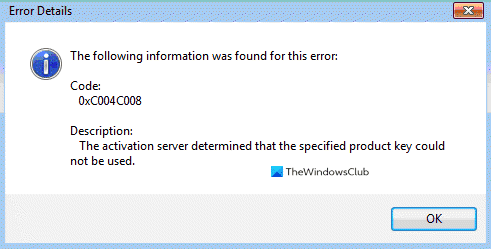 Codice di errore di attivazione di Windows 10 0xC004C008