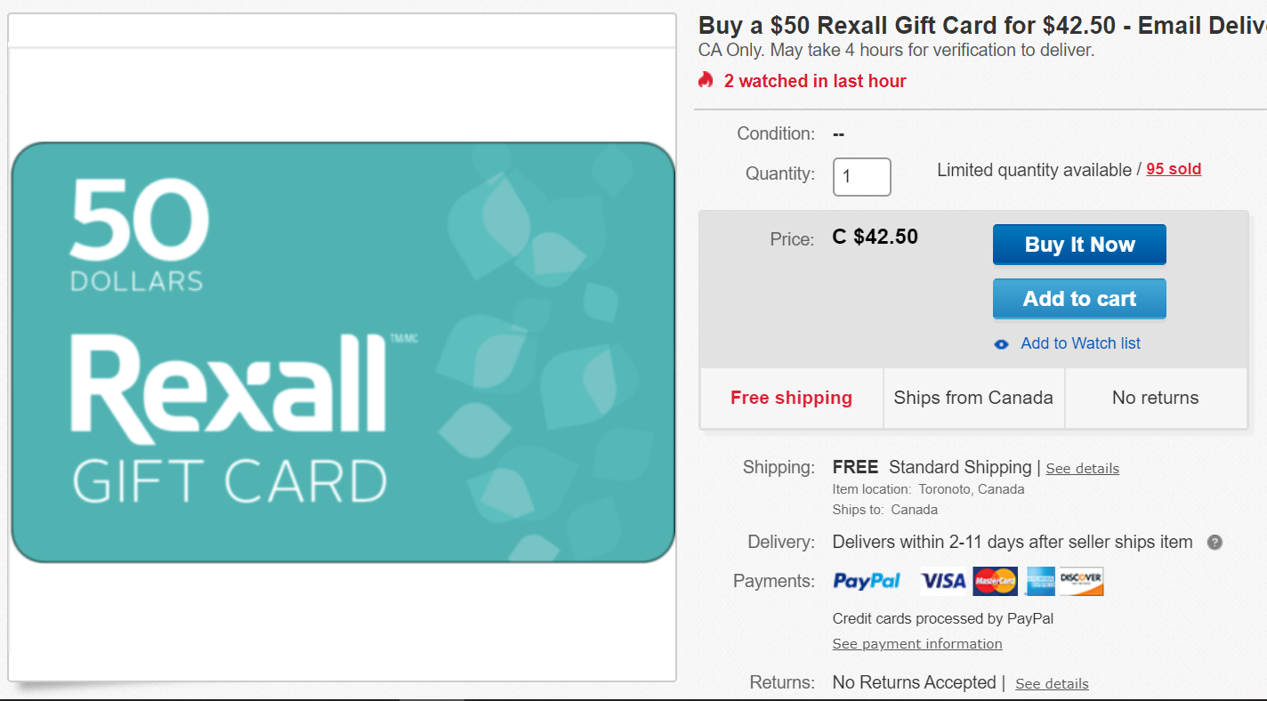 eBay礼品卡优惠（Hudson's Bay和Rexall）