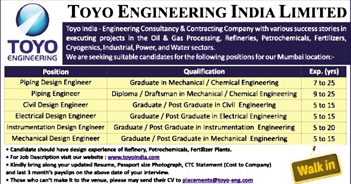 Diploma and Degree Graduates Experienced Engineers Requirement in Toyo