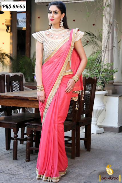 Pink color mirror work sarees online with fancy blouse piece