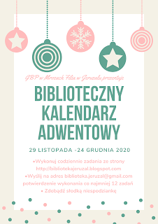 Kolorowa grafika z bombkami oraz tekstem: GBP w Mrozach prezentuje Biblioteczny kalendarz adwentowy". Dalej wymienione w skrócie zasady zabawy opisanej wyżej.