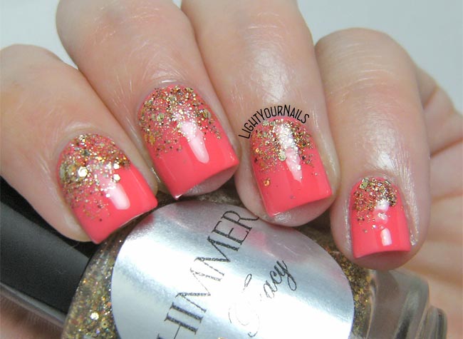 Coral and gold glittery gradient nail art