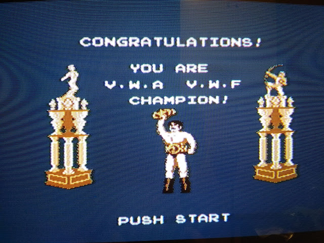 Foto de la consecución del título de la W.M.F de juego de NES Pro Wrestling.