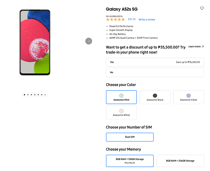 Samsung website listing