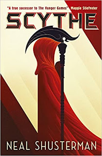 A person in a red robe holding a scythe. Their face is formed by the blank space between the scythe handle and the robe's hood.