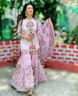 Latest Cotton Slub Solid With Printed Sharara Sets