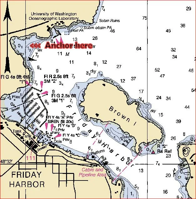 Where to anchor in Friday Harbor, Wa.  Free anchoring very near marina