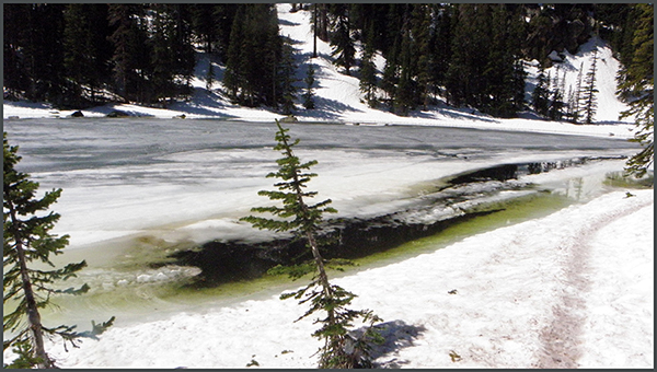 Icy Dream Lake with small patch of greenish open water and snowy trail