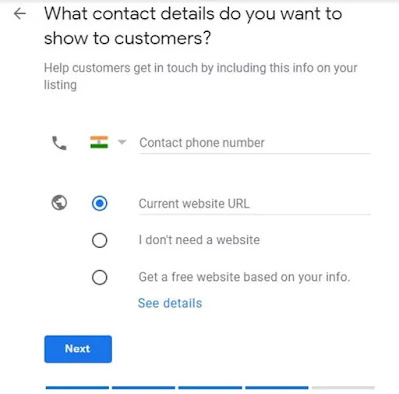 Google My Business: step by step guide to create a perfect profile 7 Question asking what contact details do you want to show to customers Displaying add contact number and enter website URL