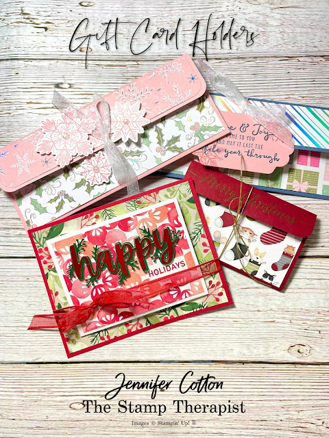 Four hand made gift card holders using Stampin' Up! merchandise.  Video on blog shows more info on each holder (descriptions, etc).  Jennifer Cotton, Stampin' Up! Demonstrator