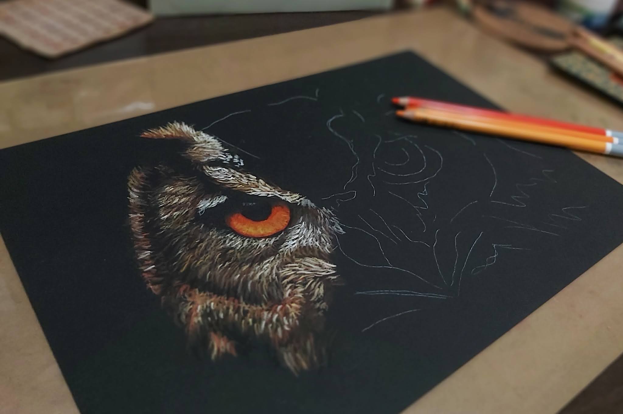 Drawing on black paper with pastel pencils, coloured pencils and other dry  media