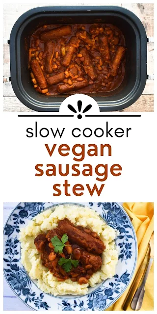 An easy recipe for a vegan slow cooker stew with white beans and pepper. A hearty family dinner.