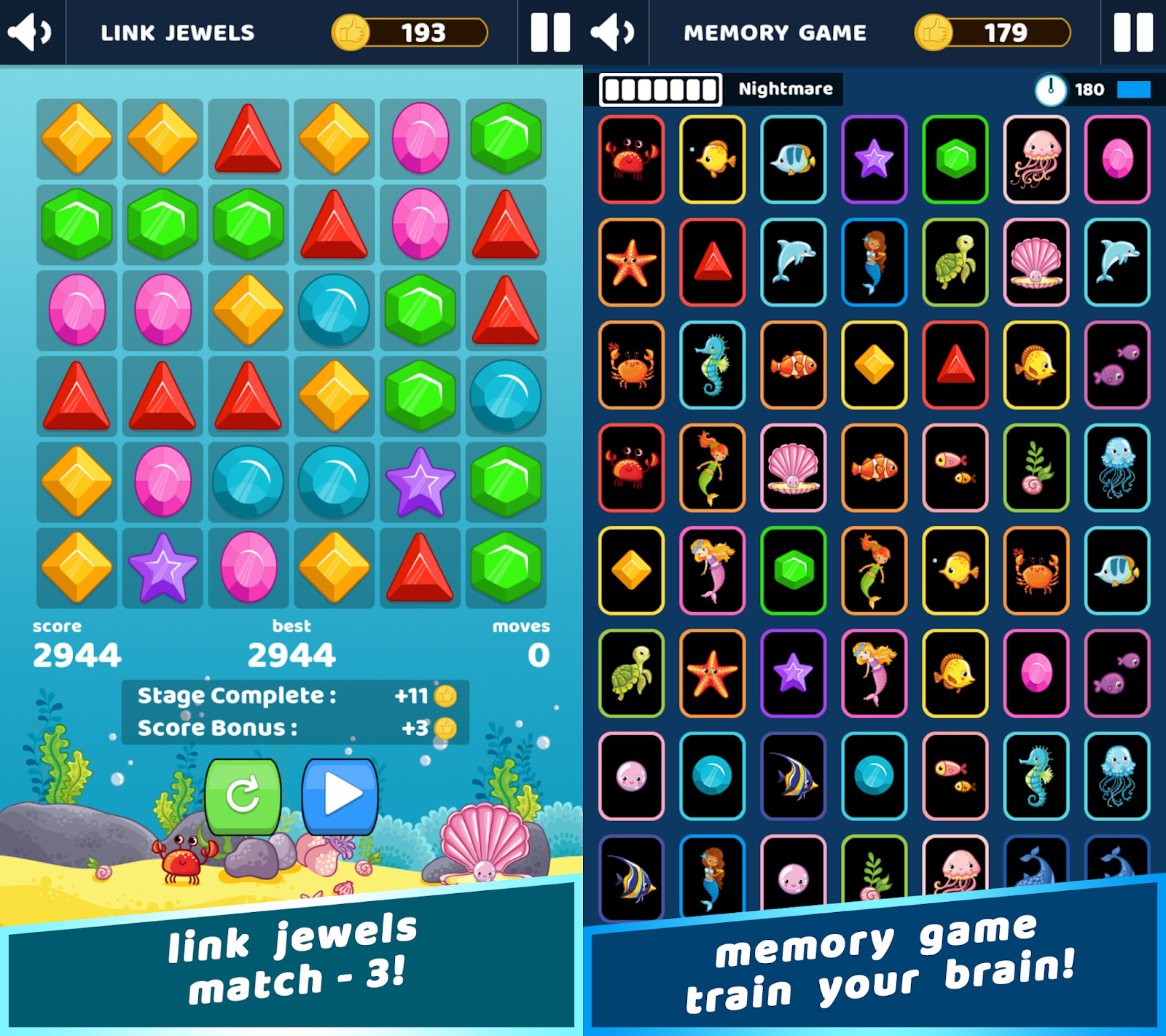 Link Jewels Mermaid, a cute match 3, memory & jigsaw puzzle Android game!