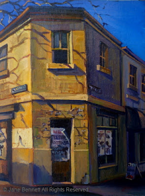 Plein air oil painting of the old milkbar/bakery corner of Harris and John Street Pyrmont by industrial heritage artist Jane Bennett