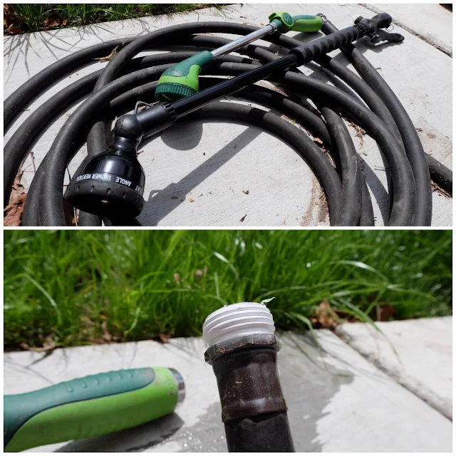 adding plumbers tape to sprayer handle on hose