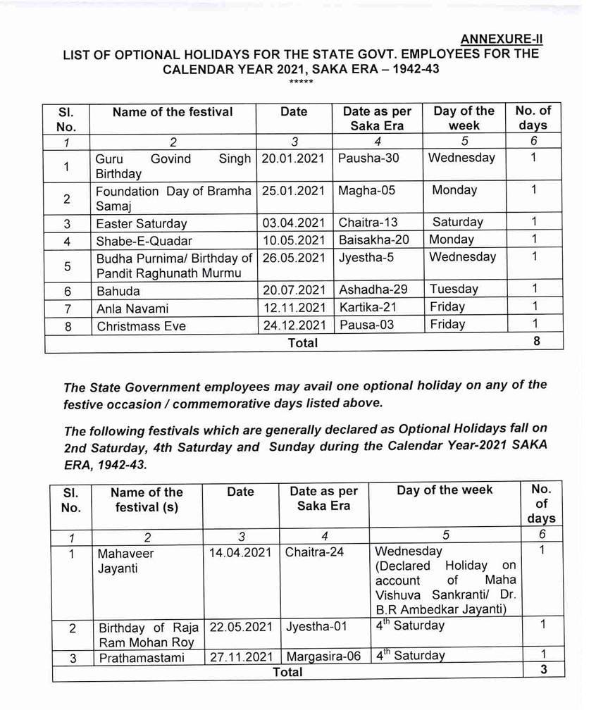 Odisha Government Calendar 2021 Pdf Download - pic-we