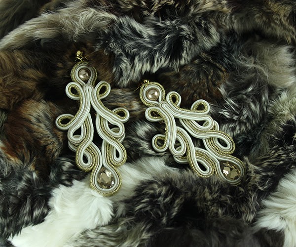 Openwork lace gold and beige soutache earrings