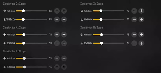 Sensitivitas 2x, 3x, 4x, 6x, 8x Scope PUBG