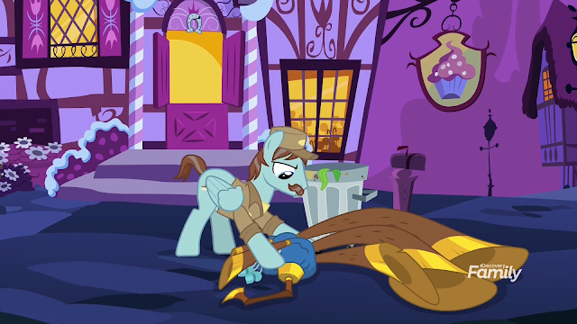 A pegasus stallion garbage collector picking Pinkie's instrument of the ground outside Sugar Cube Corner at night.