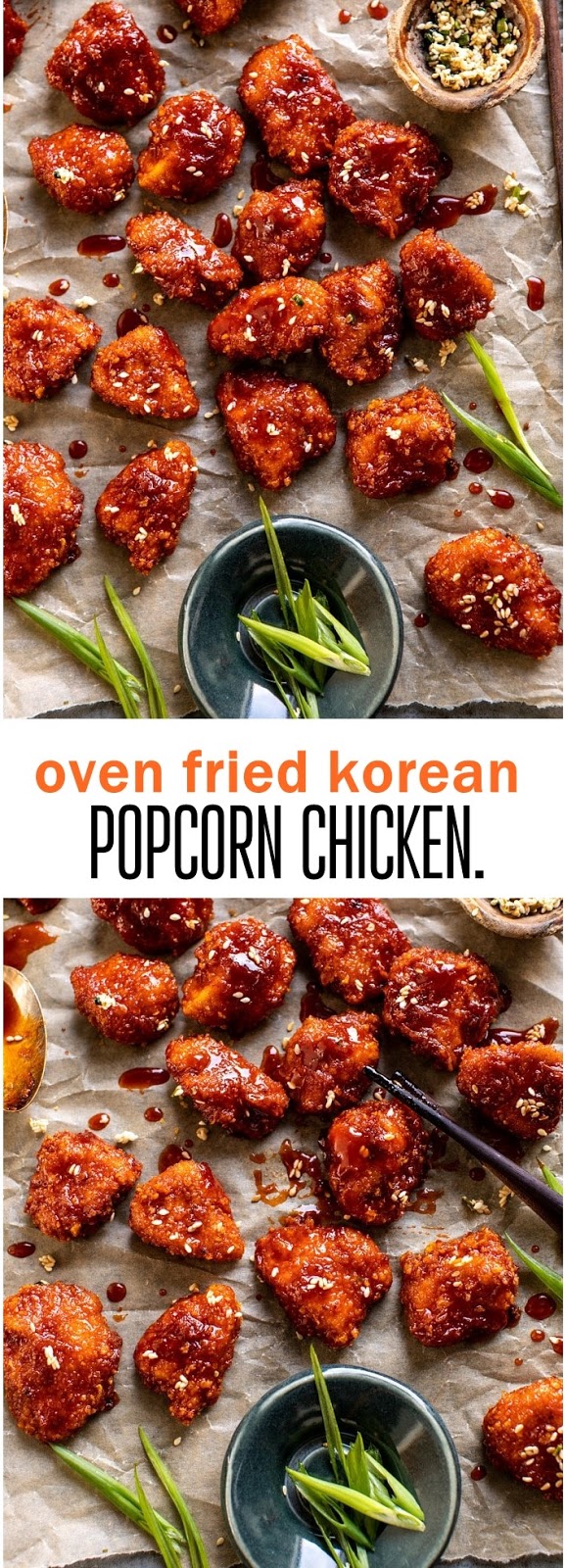 oven fried korean popcorn chicken.