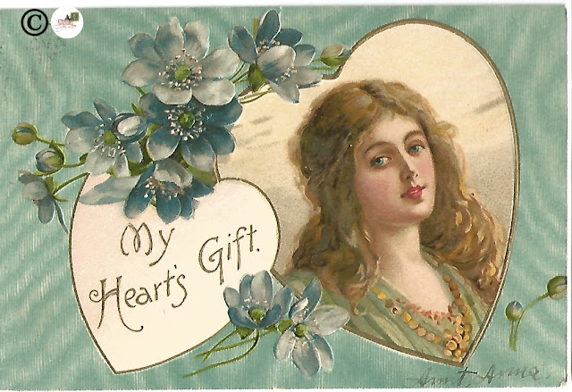 Blue Rose on Blue Background Heart with Victorian Woman Vintage Valentine's Day