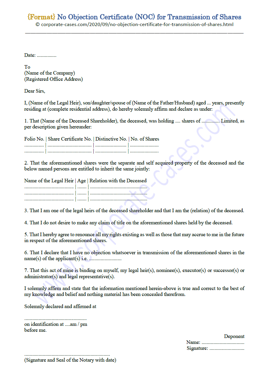 No Objection Certificate for Transmission of Shares NOC format For Noc Report Template