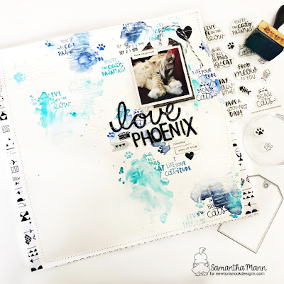 Love, Phoenix Scrapbook Layout by Samantha Mann for Newton's Nook Designs, Mixed Media, Watercolor, Stamping, Gesso, Stencil, Embossing Paste, scrapbook, #newtonsnook #scrapbook #layout #mixedmedia #sewing #diecuts #stamping #distressoxide