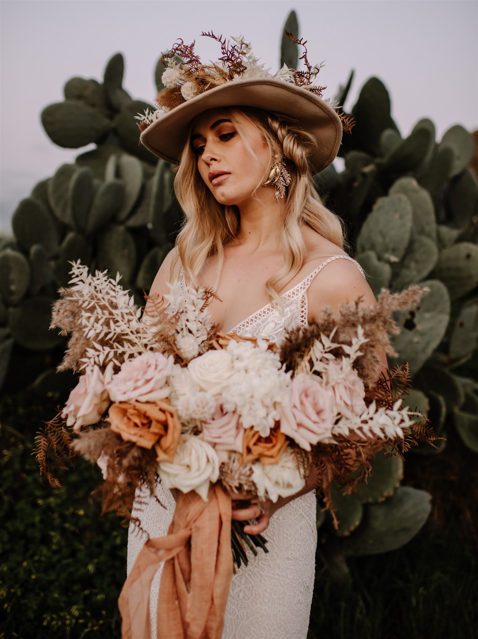 sandie bertrand photography earthy bridal bouquet boho bridal gowns styling florals luxe bohemian vibes