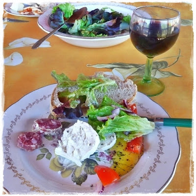 cheese chorizo salad wine, easy lunch