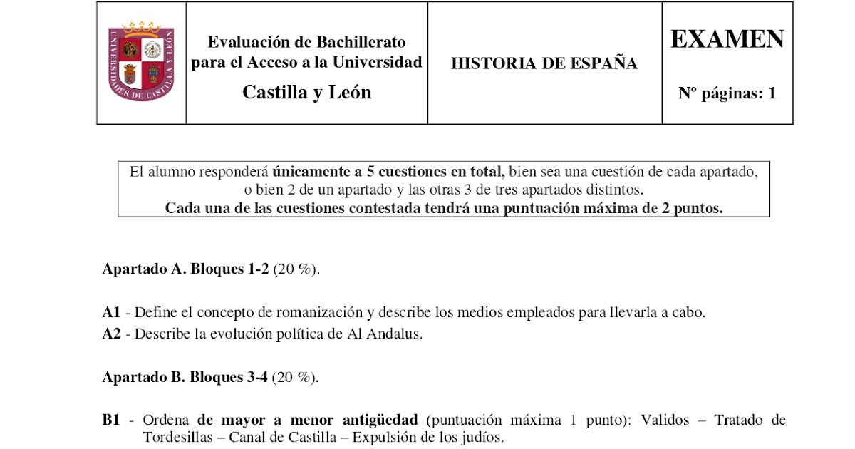Examen de Historia de España. EbAU de Castilla y León. Convocatoria de Examen de Historia de España. EbAU de Castilla y León. Convocatoria de