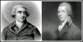 Links: Charles James Fox aus den historischen und posthumen Memoiren von Sir Nathaniel Wraxall (1884) Rechts: William Pitt der Jüngere aus Memoiren von George IV von R Huish (1830)