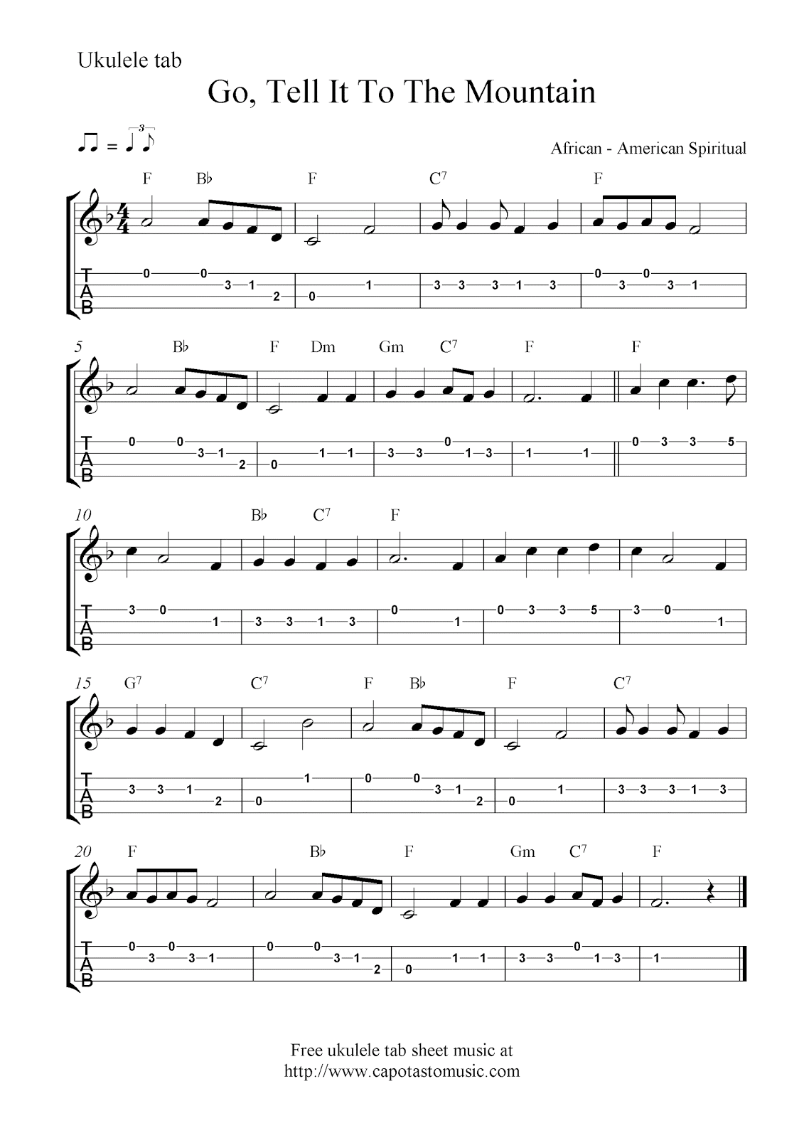 Go, Tell It To The Mountain, free Christmas ukulele tablature sheet music