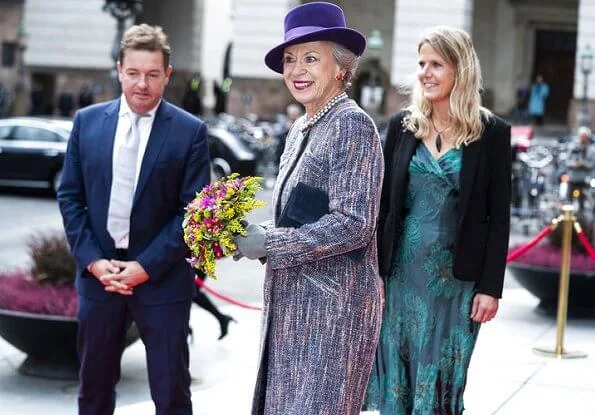 Queen Margrethe, Princess Benedikte. Crown Princess Mary wore a rose gold metallic pleated midi skirt from Asos Design, and a blazer by Max Mara