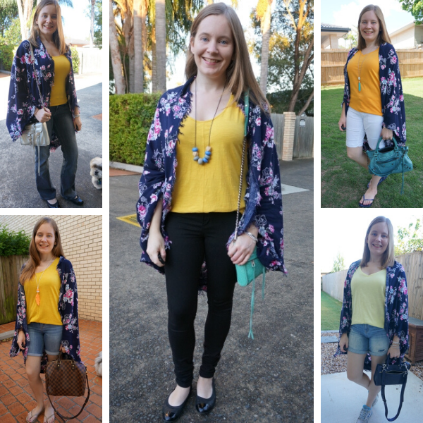 5 ways to wear a navy floral kimono with yellow tops denim outfits | awayfromblue