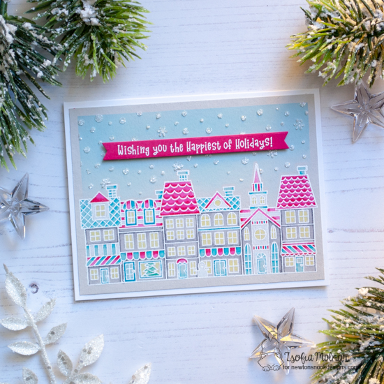 Christmas Village Card by Zsofia Molnar | Main Street Christmas Stamp Set and Petite Snow Stencil by Newton's Nook Designs #newtonsnook #handmade
