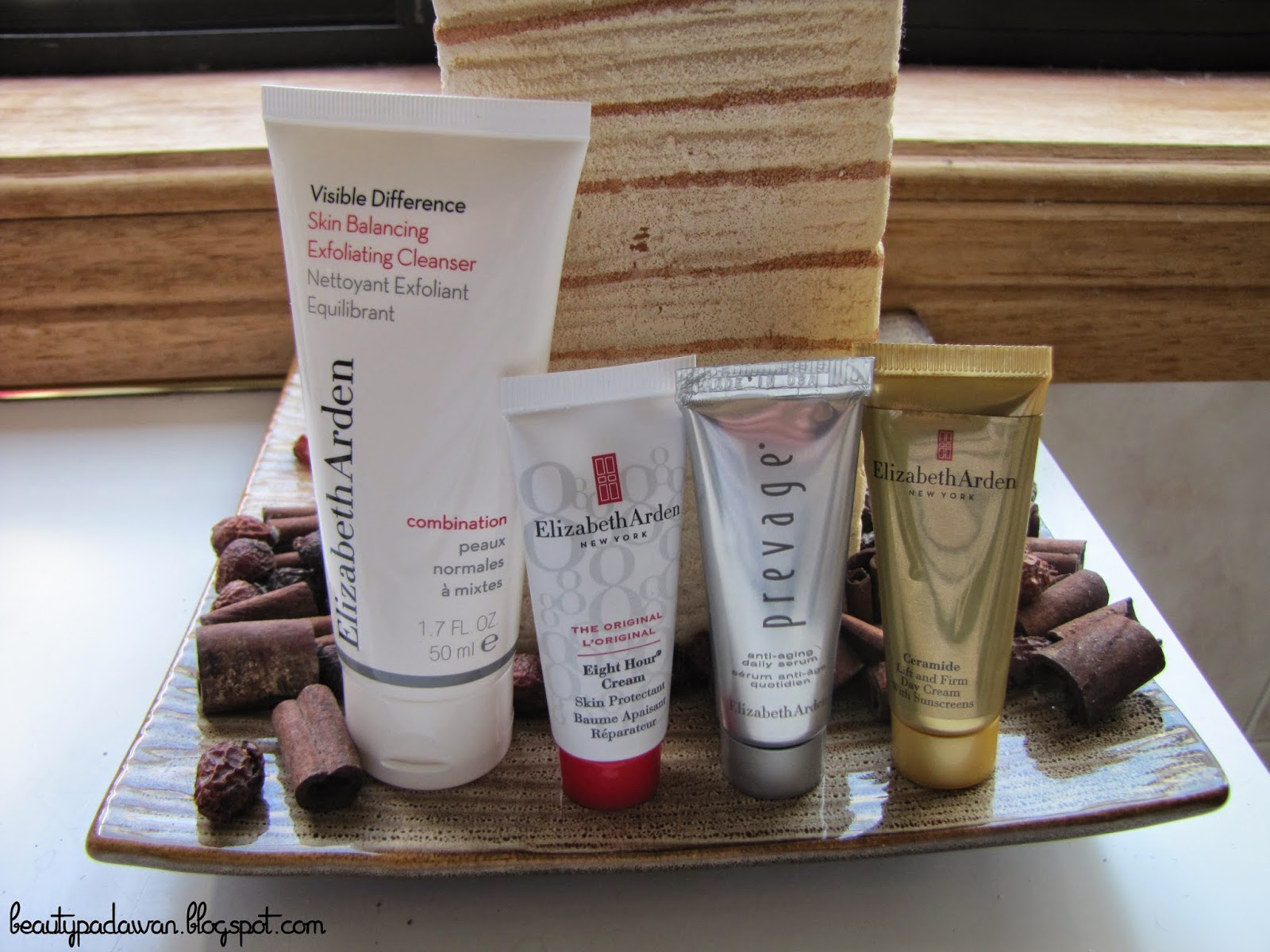 Elizabeth Arden Visible Difference Skin Balancing Exfoliating Cleanser; Elizabeth Arden The Original Eight Hour Cream Skin Protectant; Elizabeth Arden Prevage Anti-Aging Daily Serum; Elizabeth Arden Ceramide Lift and Firm Day Cream with Sunscreen