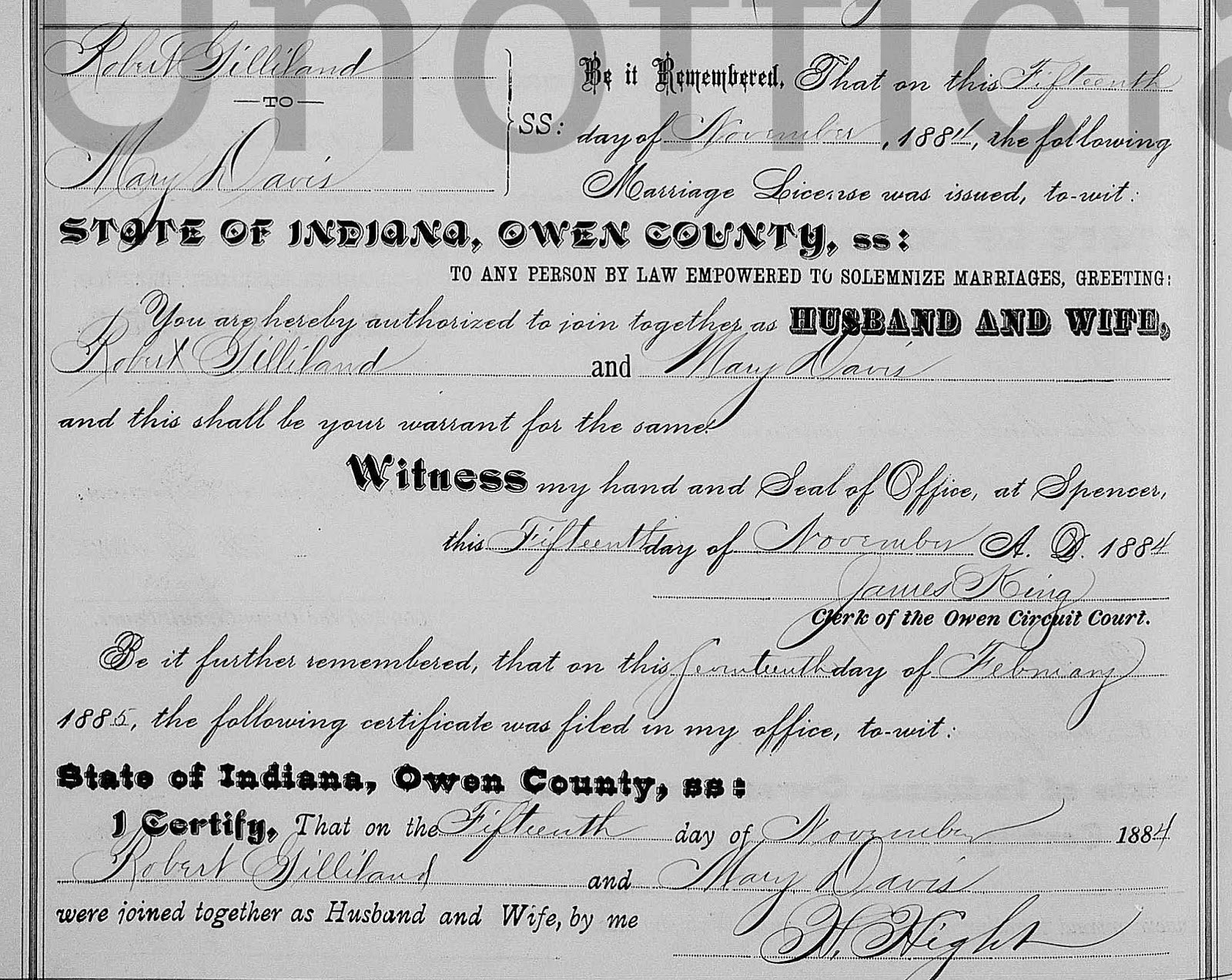 Marriage Record Robert F. Gilliland to Mary Davis, Owen County