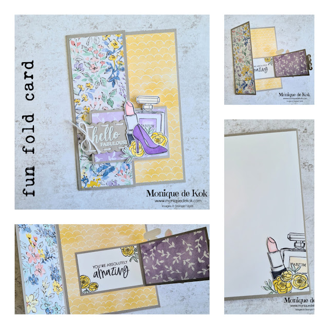 zelfgemaakte kaart, producten Stampin' Up!, Hand Penned design papier, Dressed to Impress stempelset, Funfold kaart