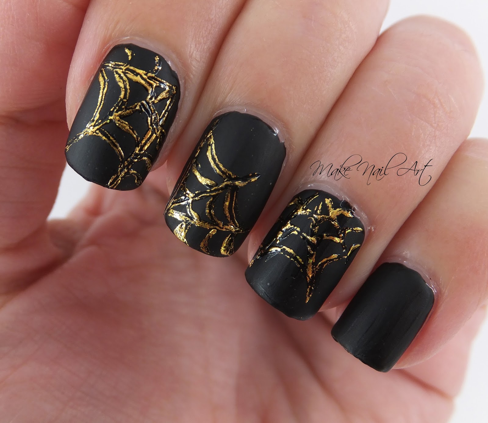 Gold Foil Spider Web Halloween Nail Art Design Tutorial Make Nail Art