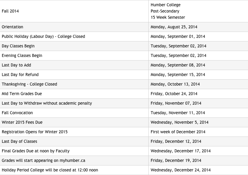 Humber Fashion Arts Student Blog ACADEMIC CALENDAR