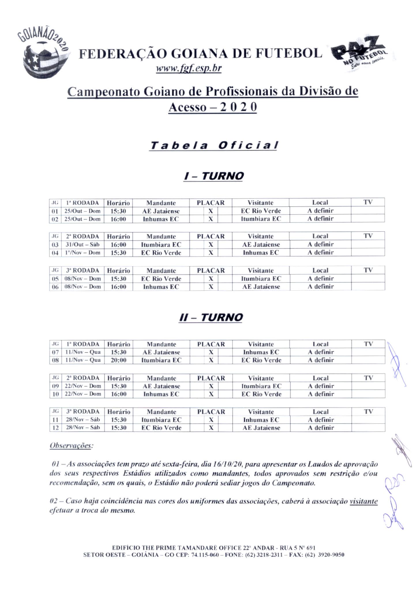 FGF divulga tabela do Campeonato Goiano