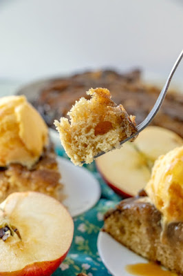 bite of caramel apple skillet cake on fork