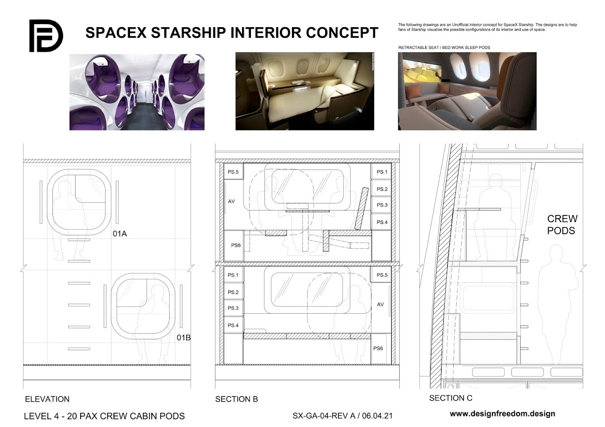 SpaceX Starship interior concept for 20 to 40 passengers by Paul King