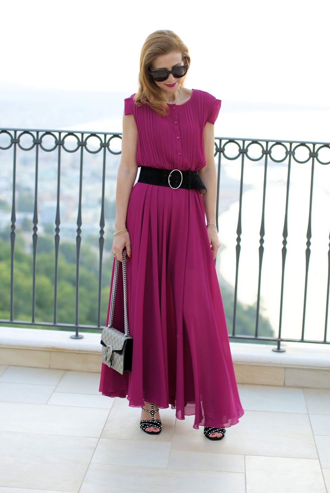 Raspberry chiffon maxi dress and Giancarlo Paoli studded sandals on Fashion and Cookies fashion blog, fashion blogger style