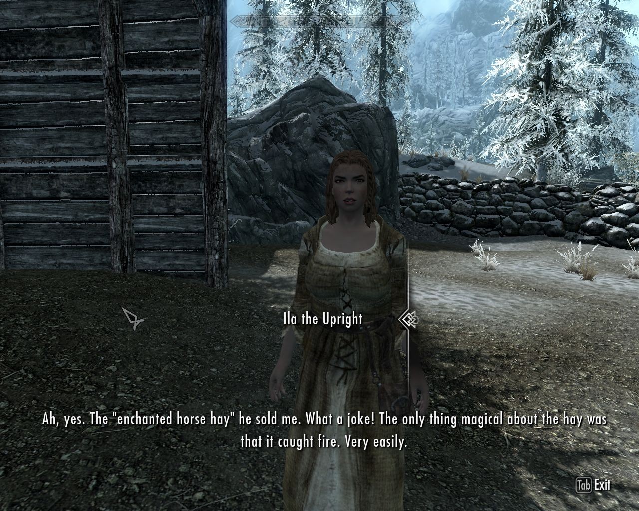 woman with light brown hair tells about being cheated by a dishonest merchant, wooden shack on the left