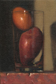 Still life oil painting of an egg and a Désirée potato in a cider glass.