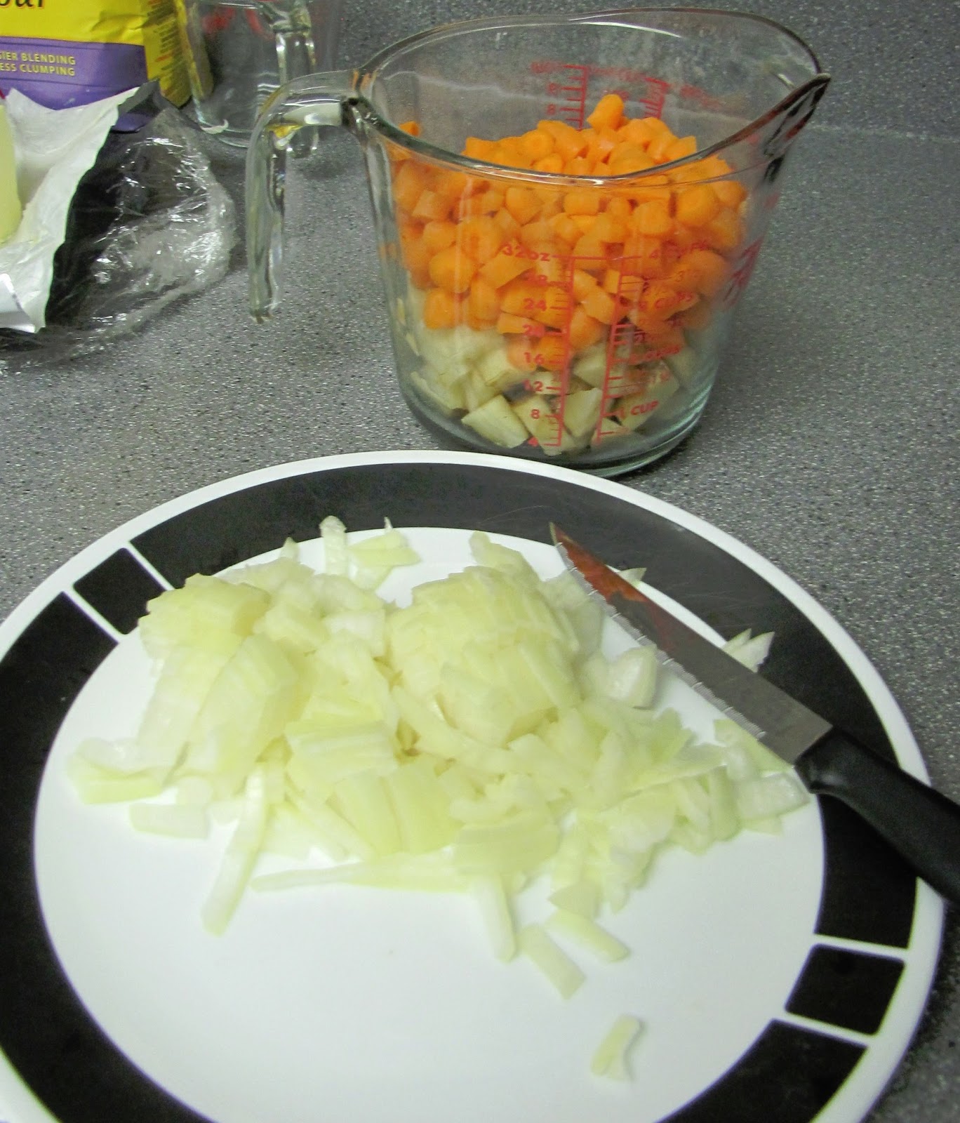 Chop up your carrots, potatoes and onions