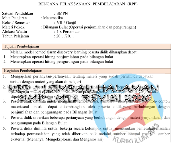 RPP 1 Lembar Matematika Kelas 7 8 9 Revisi 2020
