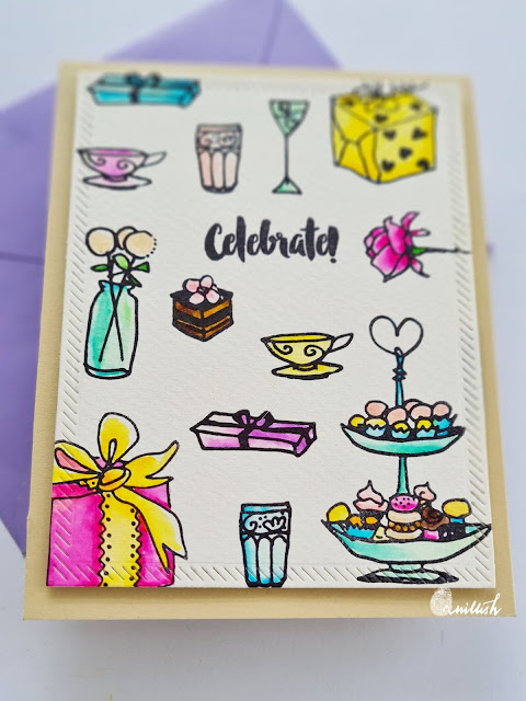 Birthday card, celebrate card, celebrations stamp set Altnew, TO,Altenew,Repetitive stamping,water colouring,Zig clean colour brush pens,Birthday card,Quillish,